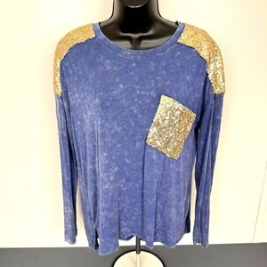 POL Top Womens Small Blue Sequin Shoulder Pocket Acid Wash Long Sleeve